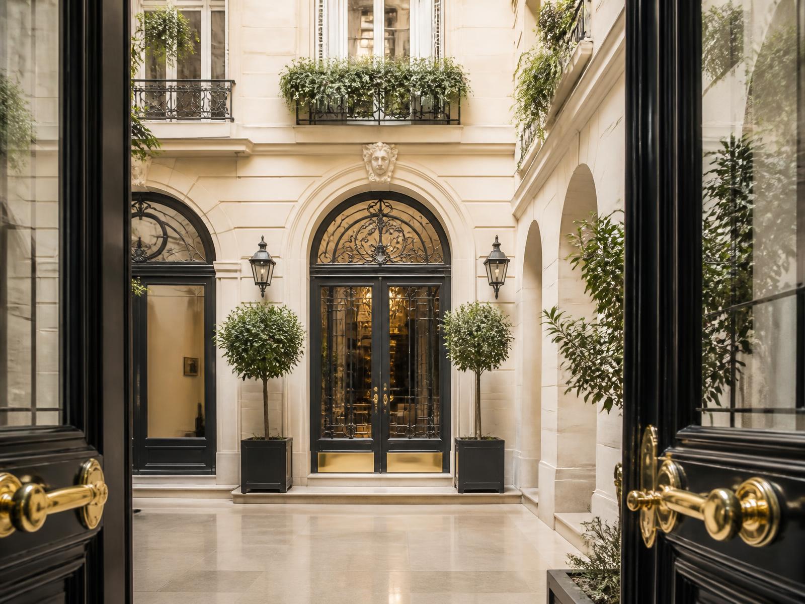 Hall d'entrée d'une copropriété parisienne haussmannienne parfaitement entretenue